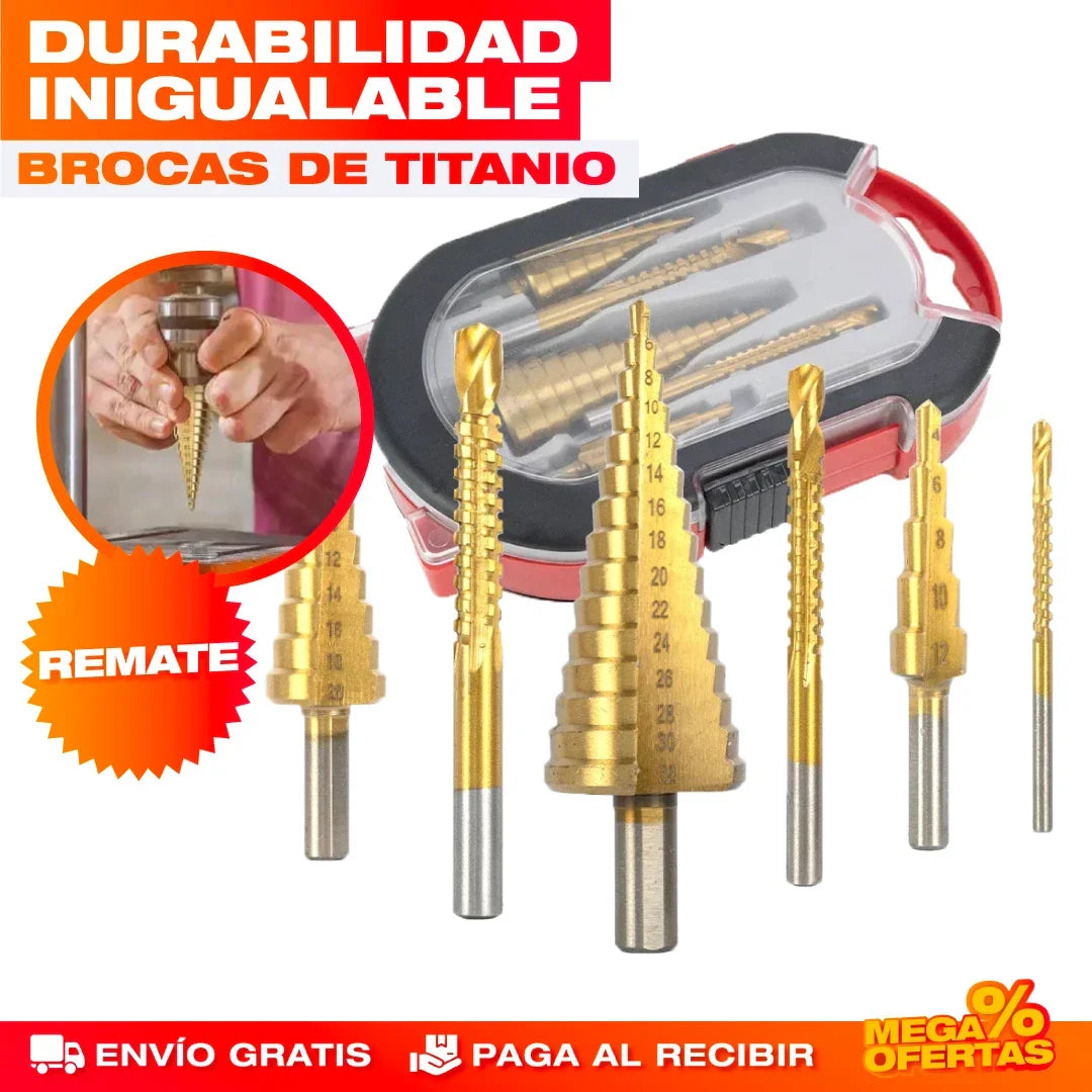 ¡ÚLTIMAS UNIDADES!! 🔩SET DE 6 BROCAS ESCALONADAS DE TITANIO - ENVÍO GRATIS