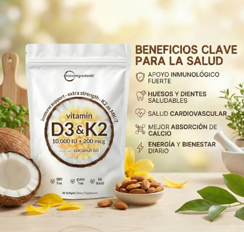 MicroIngredients® Vitamina D3+K2 Complex | Revitaliza tu Cuerpo (Suministro para 3 Meses 90und)
