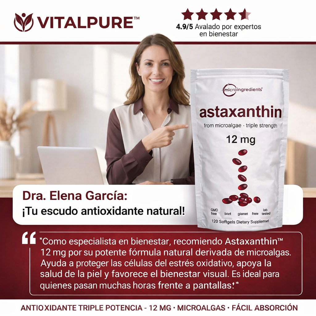 Astaxanthin 12 mg de Microingredients®  Cuida tu piel, ojos y células desde hoy con protección antioxidante avanzada