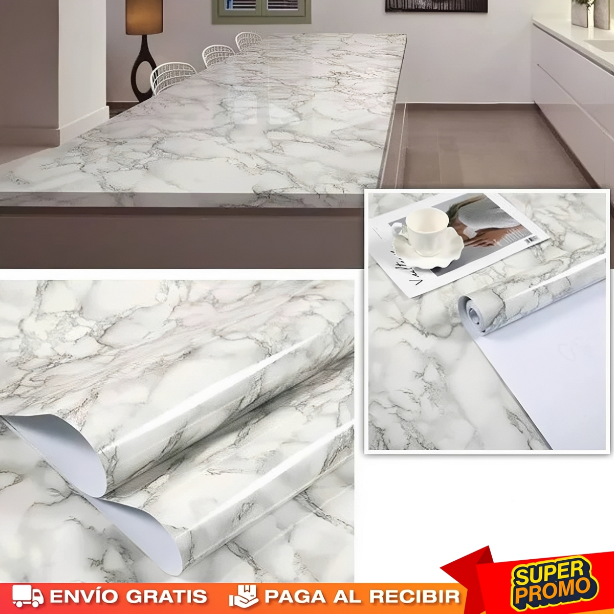 ¡Papel Autoadhesivo Mármol — 3M Largo x 1.5 M Ancho! (Pack 2x1)